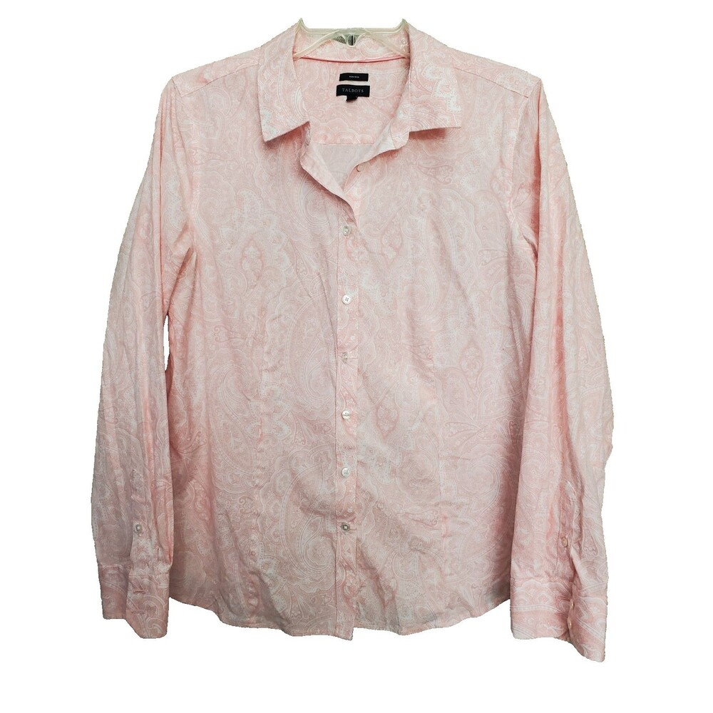 Talbots Non-Iron Pink Paisley Cotton/Spandex Long Sleeve Button-Up Shirt Size 14